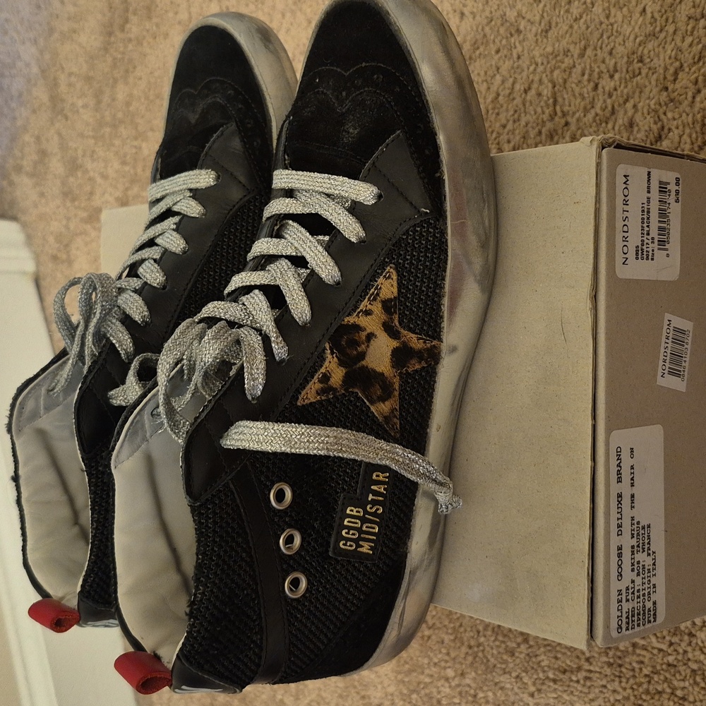 SOLD! Golden Goose Midstar Double Quarter Sneaker Black Leopard Stars Size 38 - Picture 3 of 11